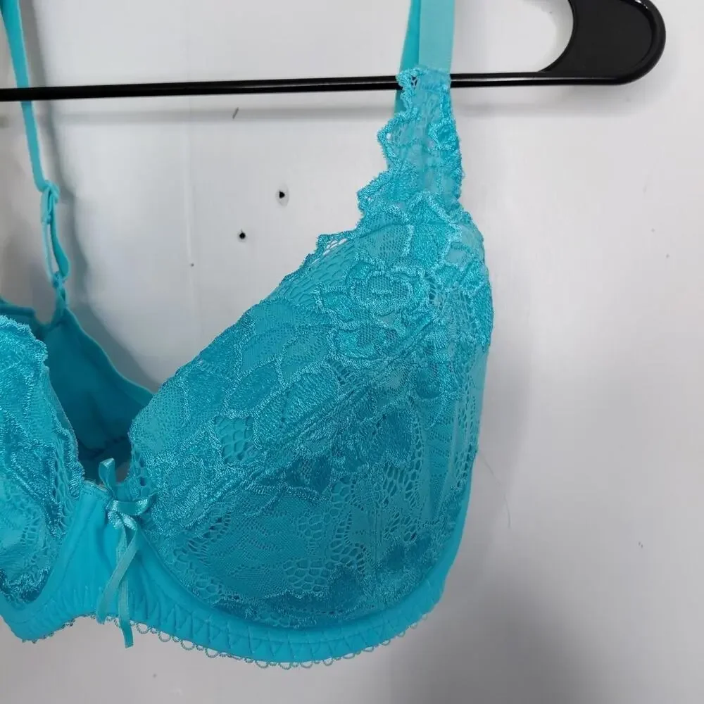 Lepel Bra Womens UK 30G Fiore Padded Plunge Feminine Floral Lace Blue Sexy New